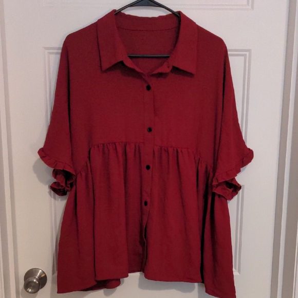 SHEIN CURVE Red Ruffle Sleeve Button-Front Babydoll Blouse - Size 3XL - Picture 1 of 5
